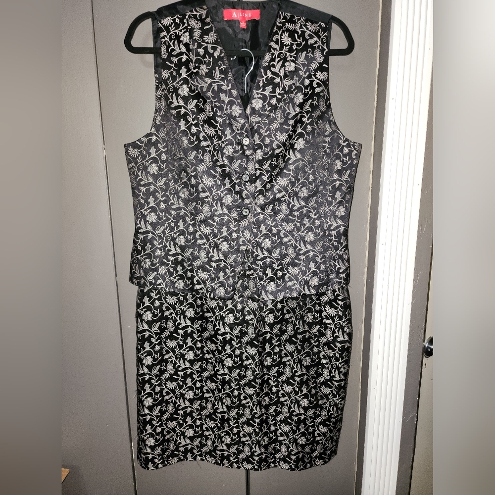 A Line Black and Silver Silk and Cotton Skirt Suit